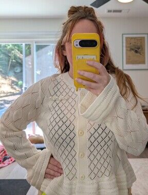 Women's Cream Openwork Button-Front Cardigan
